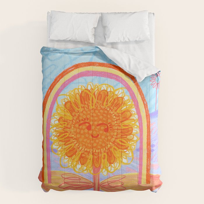 Retro Sunflower & Rainbow in Blue & Pink Comforter Gallery Image 6