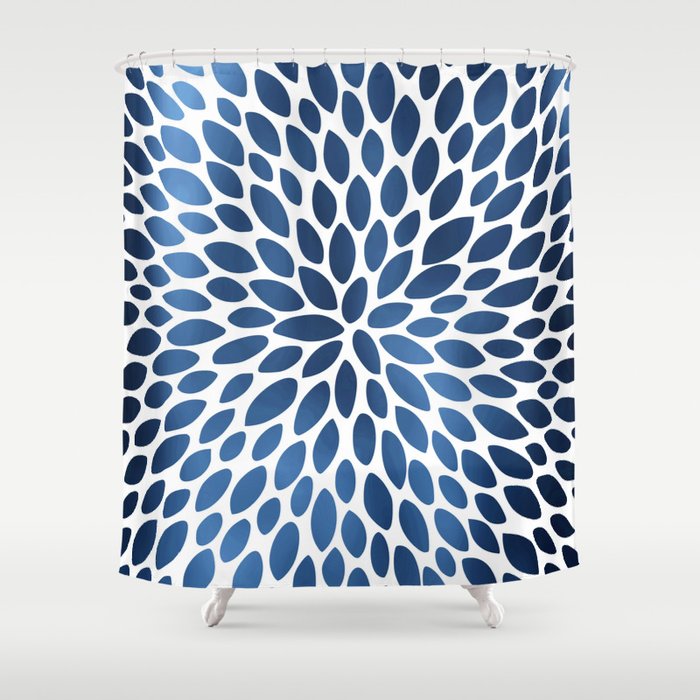 Floral Bloom, Dark Blue on White Shower Curtain Gallery Image 1