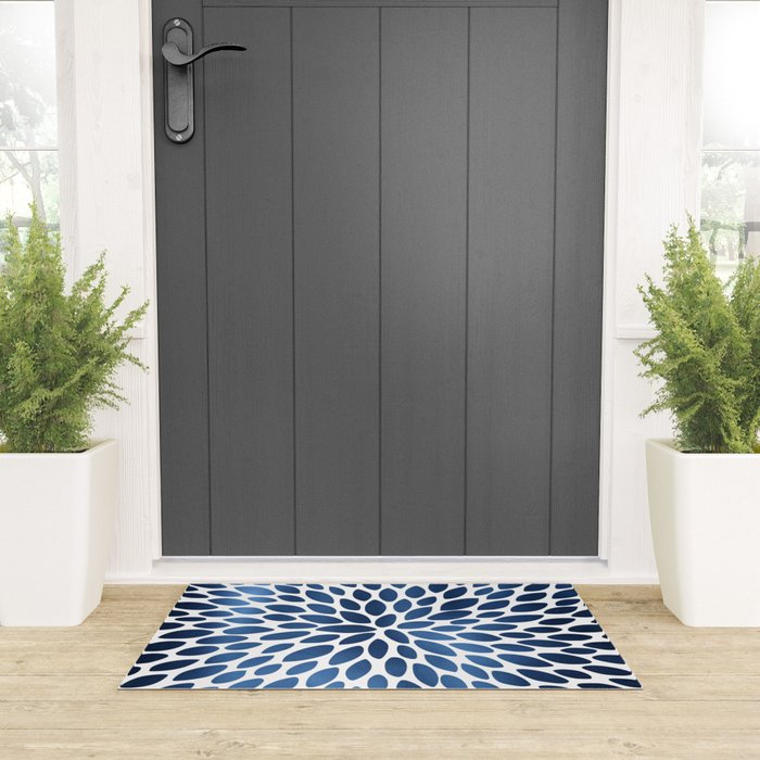 Floral Bloom, Dark Blue on White Welcome Mat Gallery Image 3