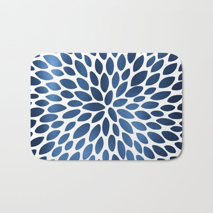 Floral Bloom, Dark Blue on White Bath Mat Gallery Image 1