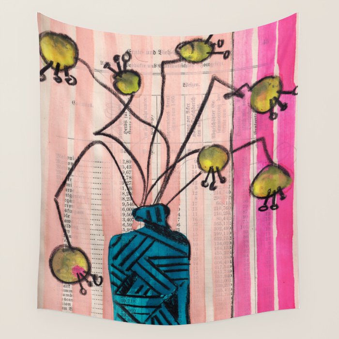 Gouache 6, crazy flowers in a vase mid century style still life Wall Tapestry Gallery Image 1