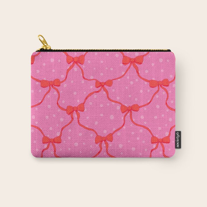 Christmas bows with snow, pink and red Carry All Pouch Gallery Image 1