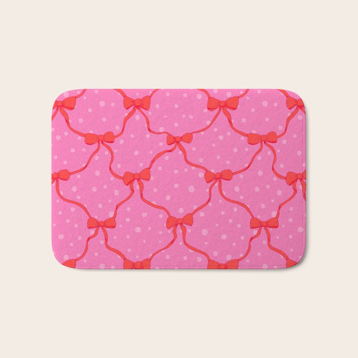Christmas bows with snow, pink and red Bath Mat Gallery Image 1
