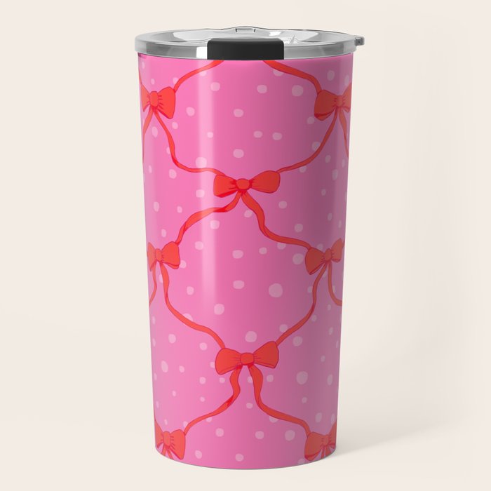 Christmas bows with snow, pink and red Travel Mug Gallery Image 1