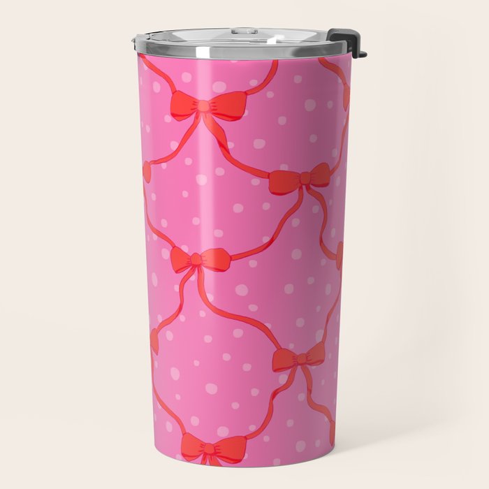 Christmas bows with snow, pink and red Travel Mug Gallery Image 2