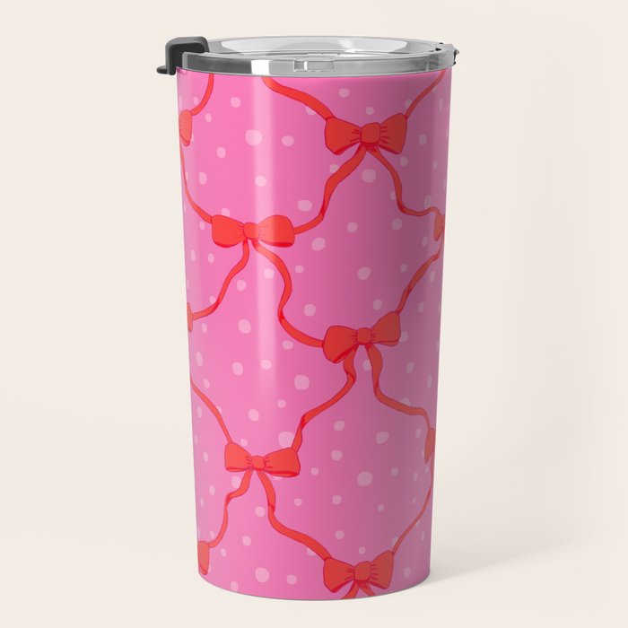 Christmas bows with snow, pink and red Travel Mug Gallery Image 3