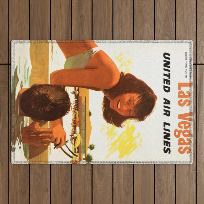 Vintage Las Vegas United Air Lines Travel Poster "Day Time Sun Night Time Fun" Outdoor Rug Gallery Image 1
