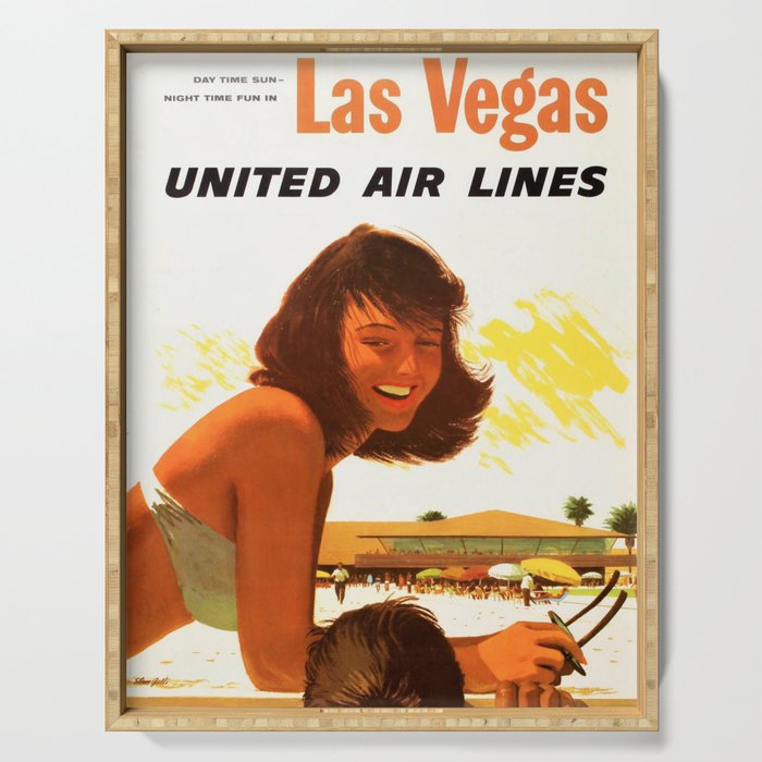 Vintage Las Vegas United Air Lines Travel Poster "Day Time Sun Night Time Fun" Serving Tray Gallery Image 1