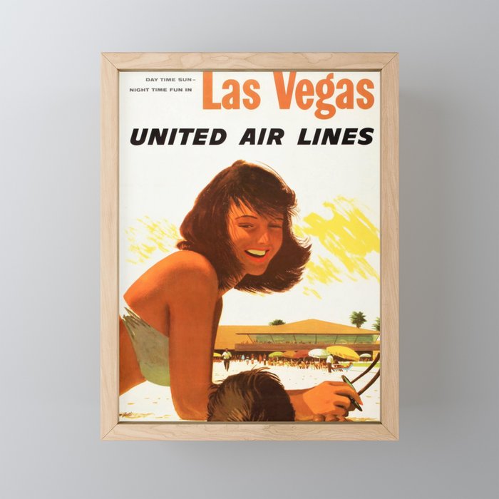 Vintage Las Vegas United Air Lines Travel Poster "Day Time Sun Night Time Fun" Mini Art Print Gallery Image 1