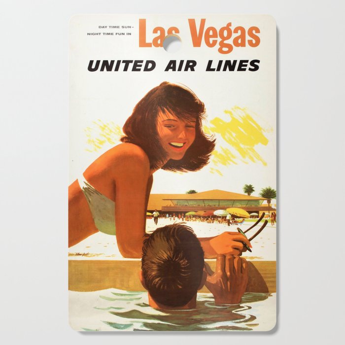 Vintage Las Vegas United Air Lines Travel Poster "Day Time Sun Night Time Fun" Cutting Board Gallery Image 1