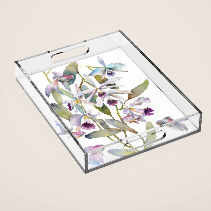 Cattleya Orchid White and Purple with Goldfish Muted Pallet Botanical Design Acrylic Tray Gallery Image 1