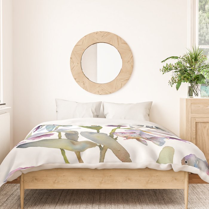 Cattleya Orchid White and Purple with Goldfish Muted Pallet Botanical Design Duvet Cover Gallery Image 3