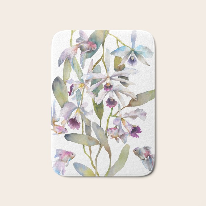 Cattleya Orchid White and Purple with Goldfish Muted Pallet Botanical Design Bath Mat Gallery Image 1
