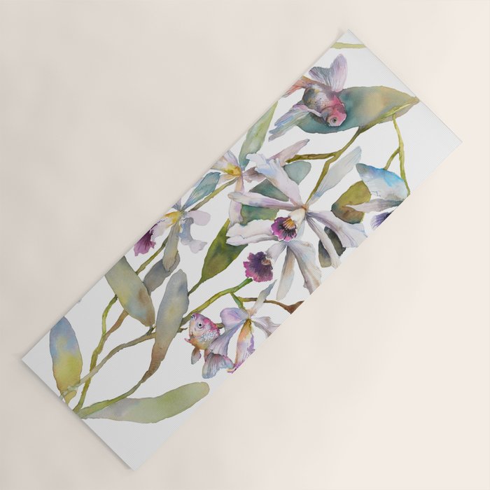 Cattleya Orchid White and Purple with Goldfish Muted Pallet Botanical Design Yoga Mat Gallery Image 1