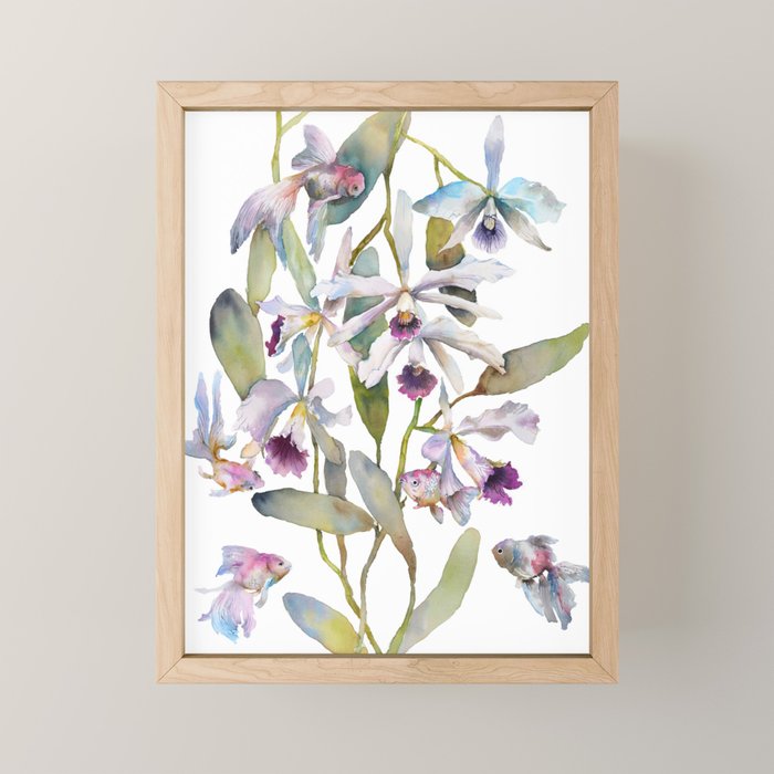 Cattleya Orchid White and Purple with Goldfish Muted Pallet Botanical Design Mini Art Print Gallery Image 1