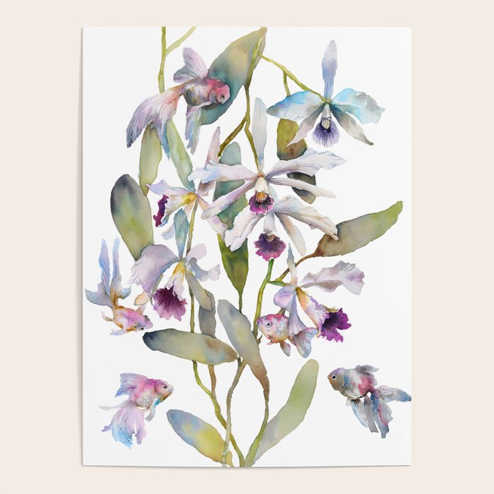 Cattleya Orchid White and Purple with Goldfish Muted Pallet Botanical Design Poster Gallery Image 1
