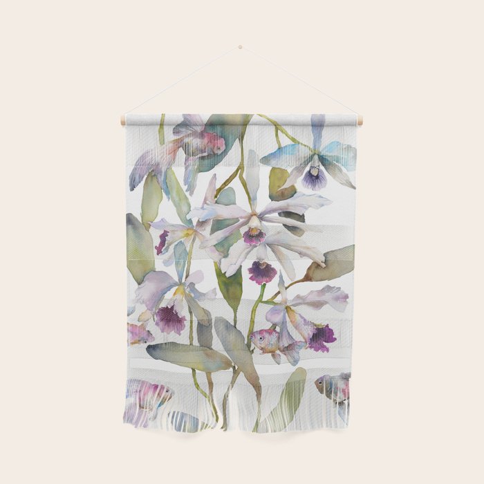 Cattleya Orchid White and Purple with Goldfish Muted Pallet Botanical Design Wall Hanging Gallery Image 1