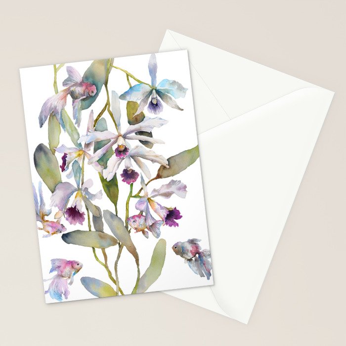 Cattleya Orchid White and Purple with Goldfish Muted Pallet Botanical Design Stationery Card Gallery Image 2