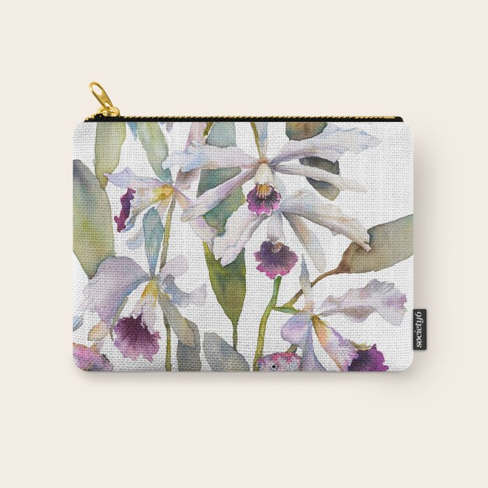 Cattleya Orchid White and Purple with Goldfish Muted Pallet Botanical Design Carry All Pouch Gallery Image 1