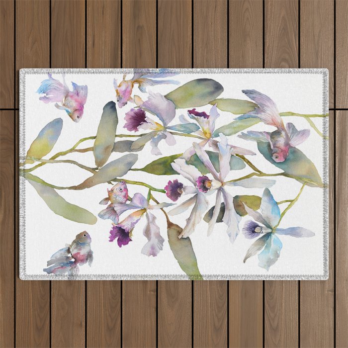 Cattleya Orchid White and Purple with Goldfish Muted Pallet Botanical Design Outdoor Rug Gallery Image 1