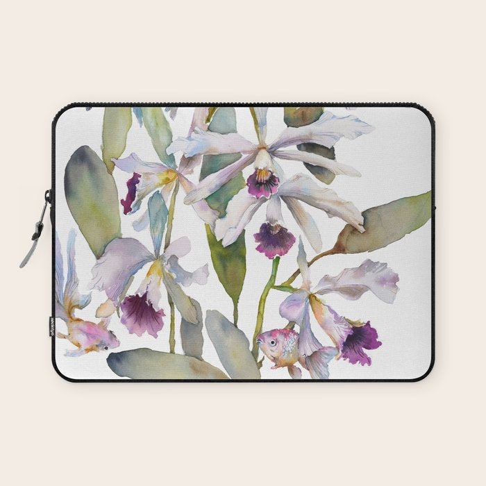 Cattleya Orchid White and Purple with Goldfish Muted Pallet Botanical Design Laptop Sleeve Gallery Image 1