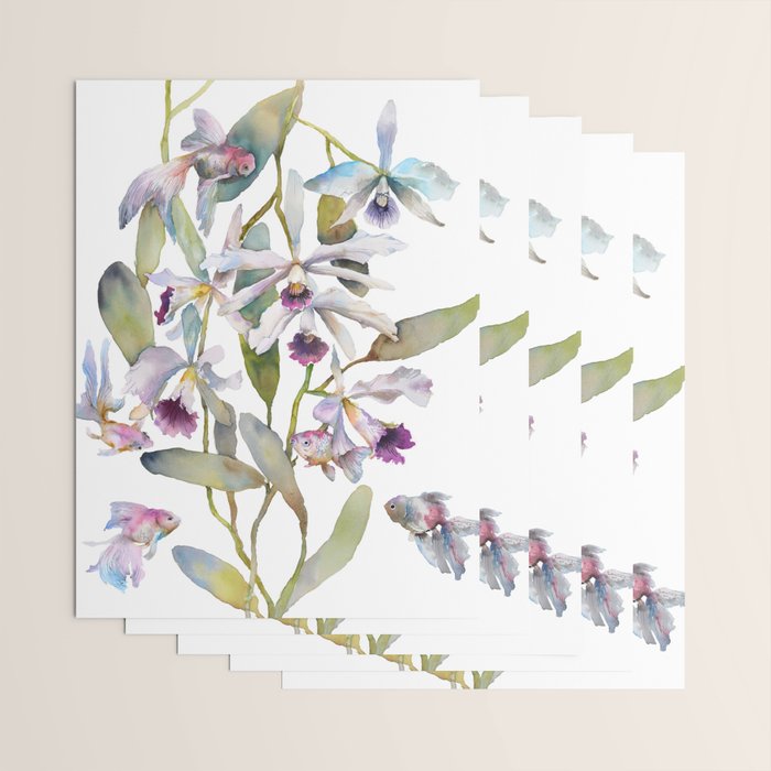 Cattleya Orchid White and Purple with Goldfish Muted Pallet Botanical Design Wrapping Paper Gallery Image 3