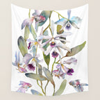 Cattleya Orchid White and Purple with Goldfish Muted Pallet Botanical Design Wall Tapestry Gallery Image 4