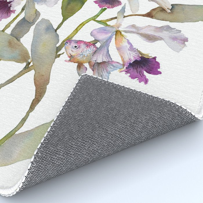 Cattleya Orchid White and Purple with Goldfish Muted Pallet Botanical Design Rug Gallery Image 4