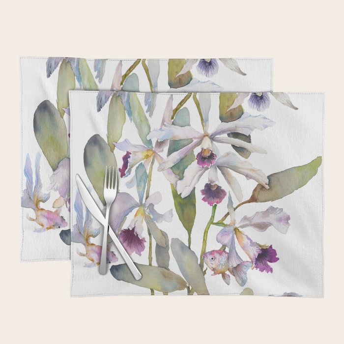 Cattleya Orchid White and Purple with Goldfish Muted Pallet Botanical Design Placemat Gallery Image 1