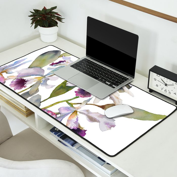 Cattleya Orchid White and Purple with Goldfish Muted Pallet Botanical Design Desk Mat Gallery Image 2