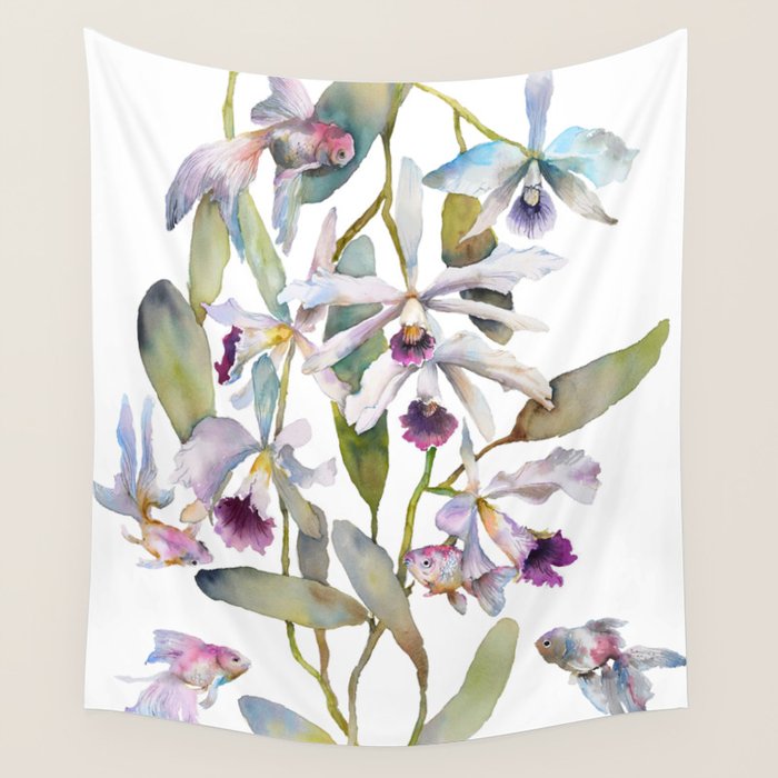 Cattleya Orchid White and Purple with Goldfish Muted Pallet Botanical Design Wall Tapestry Gallery Image 1