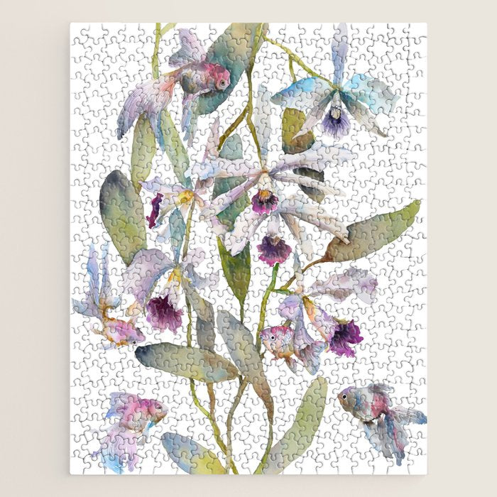 Cattleya Orchid White and Purple with Goldfish Muted Pallet Botanical Design Jigsaw Puzzle Gallery Image 1