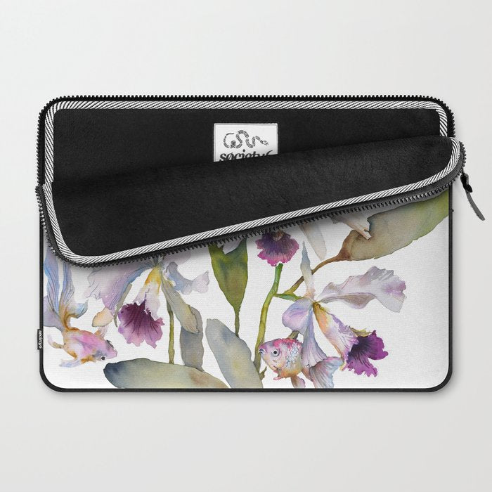 Cattleya Orchid White and Purple with Goldfish Muted Pallet Botanical Design Laptop Sleeve Gallery Image 2