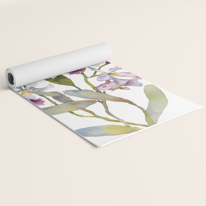 Cattleya Orchid White and Purple with Goldfish Muted Pallet Botanical Design Yoga Mat Gallery Image 2