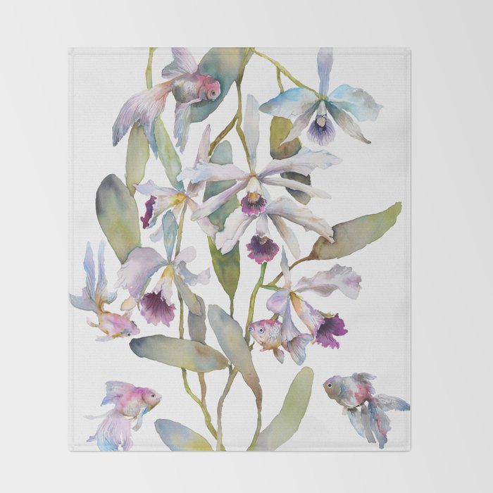 Cattleya Orchid White and Purple with Goldfish Muted Pallet Botanical Design Throw Blanket Gallery Image 2