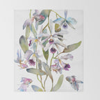 Cattleya Orchid White and Purple with Goldfish Muted Pallet Botanical Design Throw Blanket Gallery Image 2