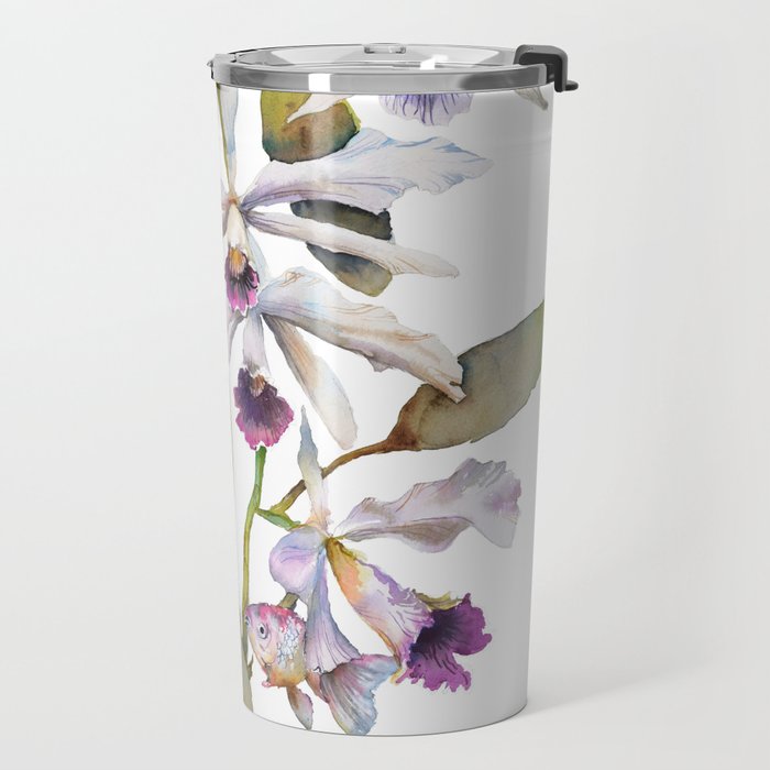 Cattleya Orchid White and Purple with Goldfish Muted Pallet Botanical Design Travel Mug Gallery Image 2