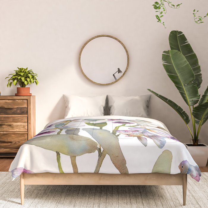 Cattleya Orchid White and Purple with Goldfish Muted Pallet Botanical Design Comforter Gallery Image 3