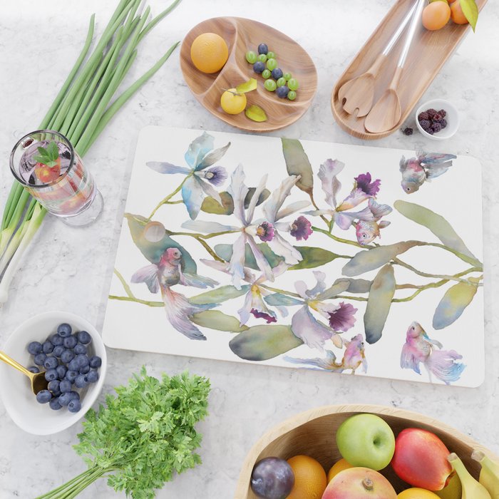 Cattleya Orchid White and Purple with Goldfish Muted Pallet Botanical Design Cutting Board Gallery Image 2