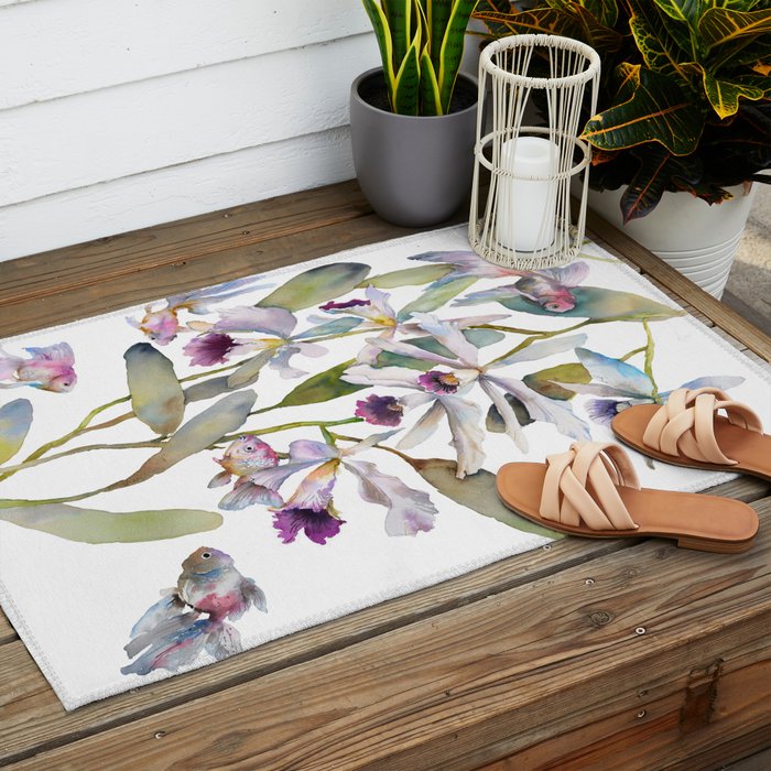 Cattleya Orchid White and Purple with Goldfish Muted Pallet Botanical Design Outdoor Rug Gallery Image 2