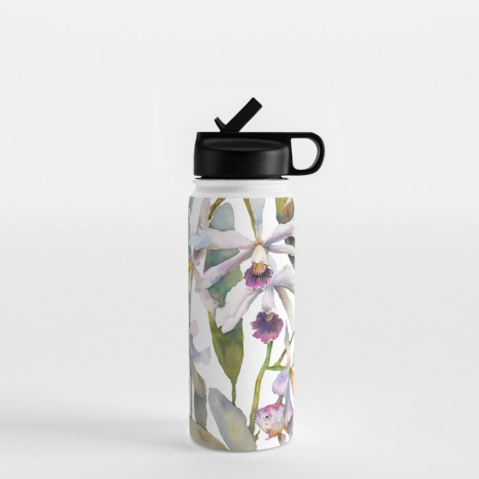 Cattleya Orchid White and Purple with Goldfish Muted Pallet Botanical Design Water Bottle Gallery Image 1