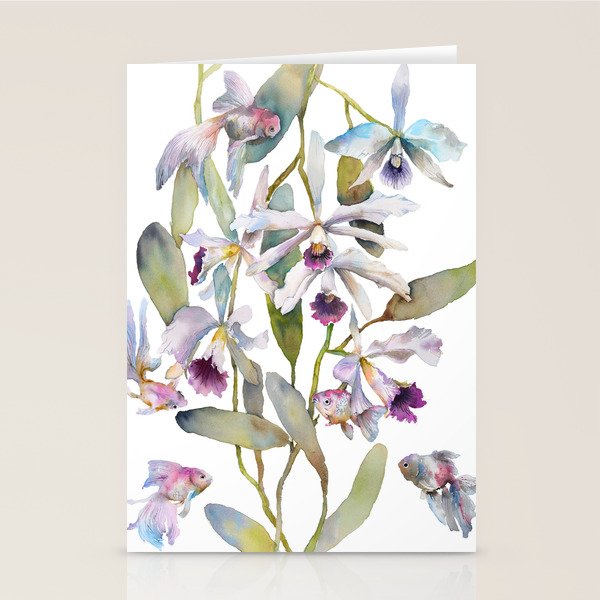 Cattleya Orchid White and Purple with Goldfish Muted Pallet Botanical Design Stationery Card Gallery Image 2