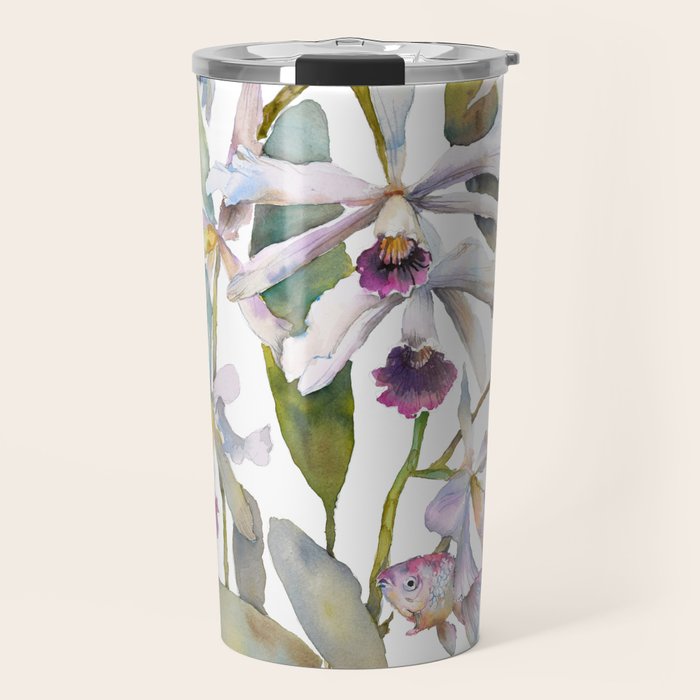 Cattleya Orchid White and Purple with Goldfish Muted Pallet Botanical Design Travel Mug Gallery Image 1
