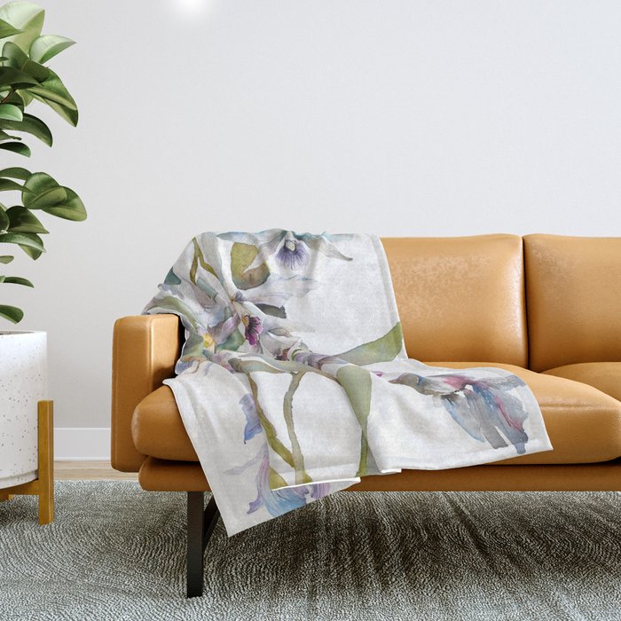 Cattleya Orchid White and Purple with Goldfish Muted Pallet Botanical Design Throw Blanket Gallery Image 1
