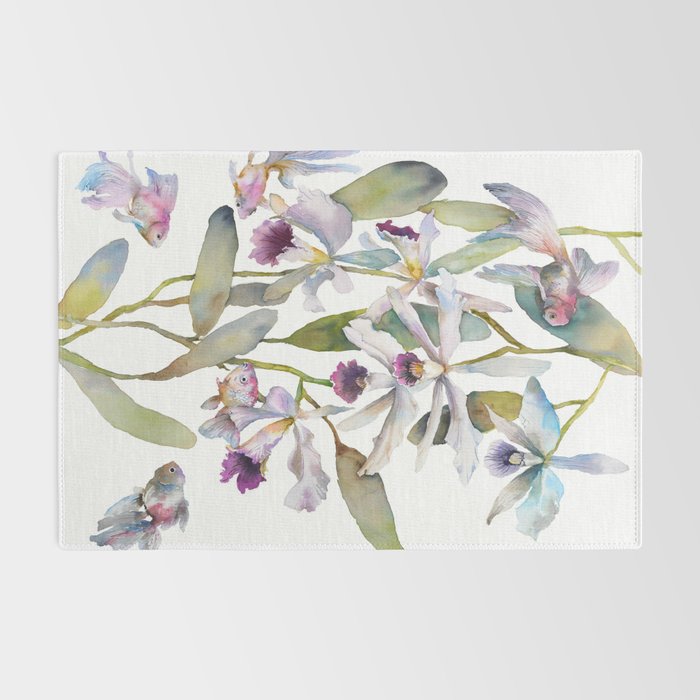 Cattleya Orchid White and Purple with Goldfish Muted Pallet Botanical Design Rug Gallery Image 2