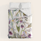 Cattleya Orchid White and Purple with Goldfish Muted Pallet Botanical Design Duvet Cover Gallery Image 6
