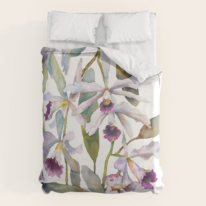 Cattleya Orchid White and Purple with Goldfish Muted Pallet Botanical Design Duvet Cover Gallery Image 1
