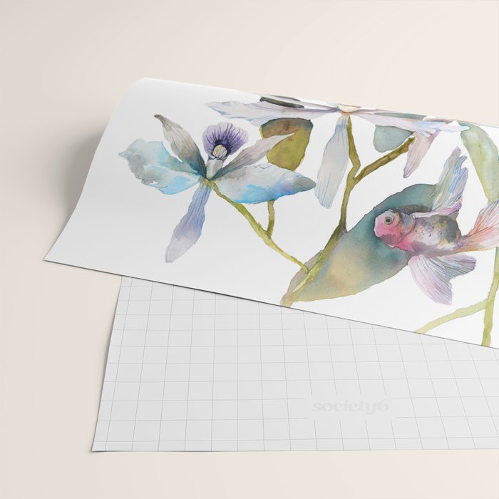 Cattleya Orchid White and Purple with Goldfish Muted Pallet Botanical Design Wrapping Paper Gallery Image 2