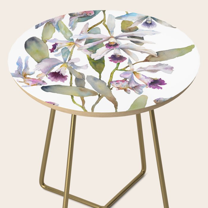 Cattleya Orchid White and Purple with Goldfish Muted Pallet Botanical Design Side Table Gallery Image 2