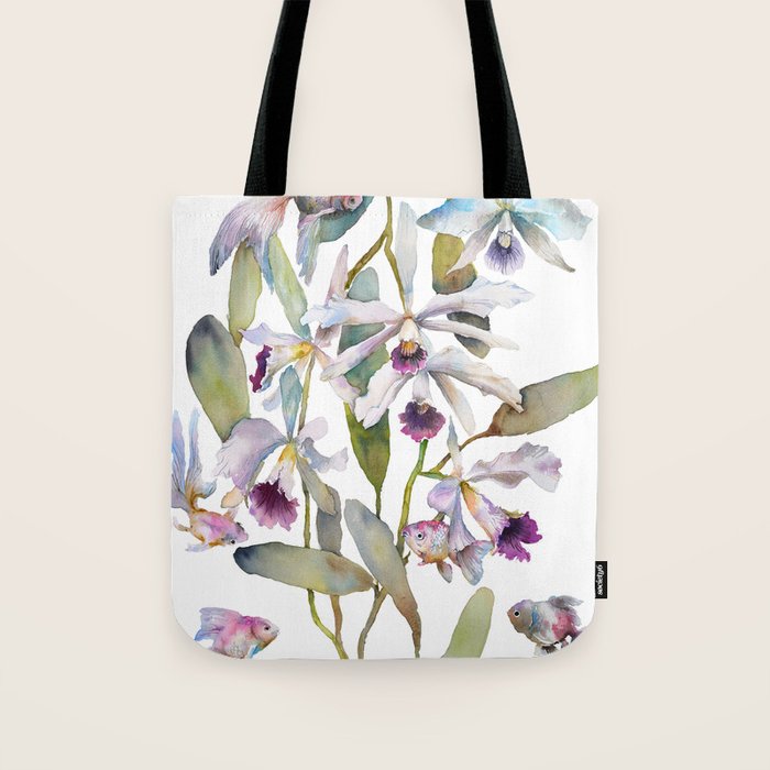 Cattleya Orchid White and Purple with Goldfish Muted Pallet Botanical Design Tote Bag Gallery Image 1